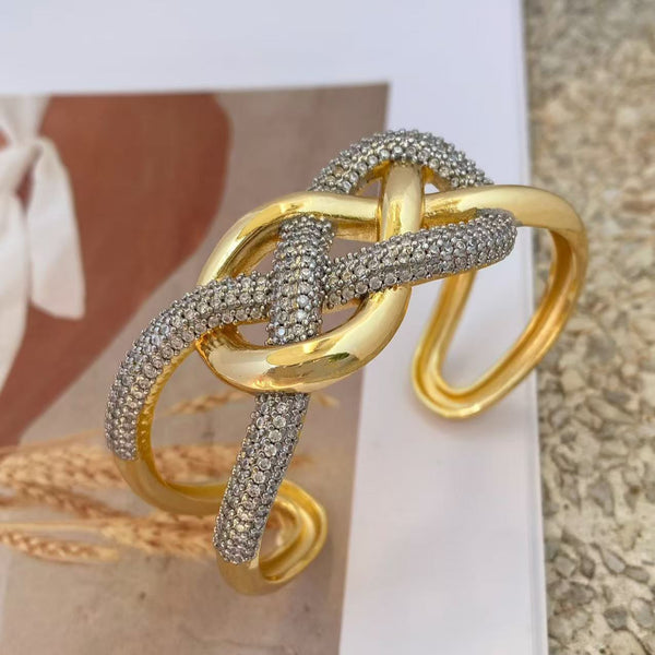 Cross Over Layer 18K Gold CZ Anti Tarnish Openable Cuff Bracelet Bulk Main image