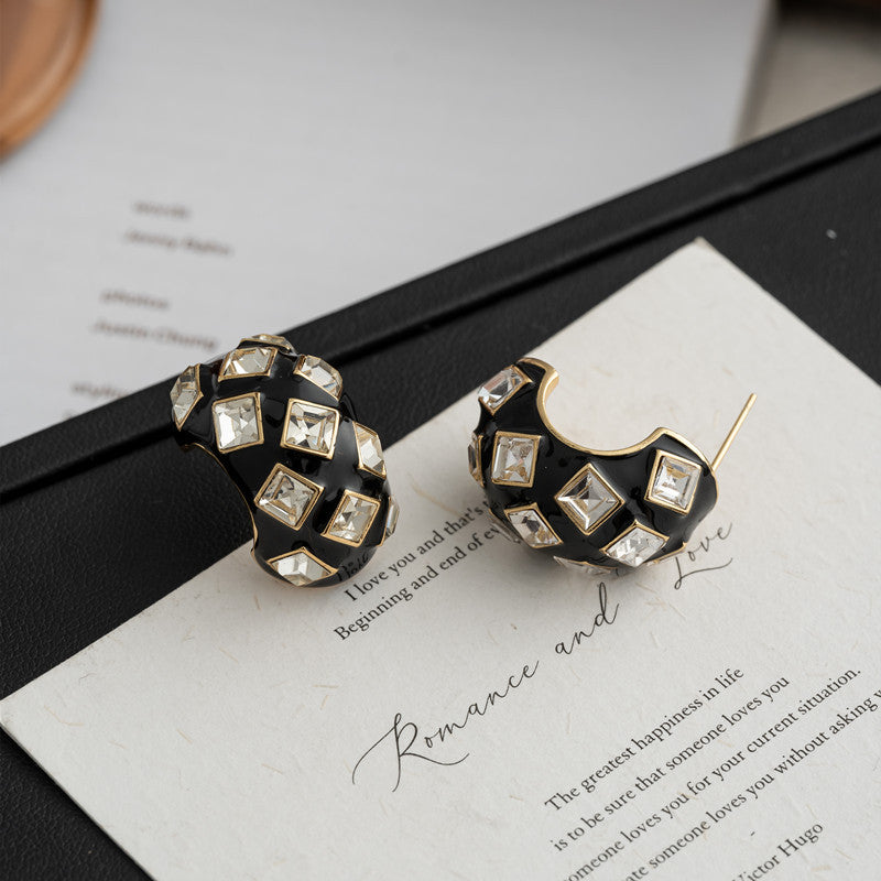 Black 18K Gold Enamel Cubic Zirconia Anti Tarnish Hoop Earring Bulk