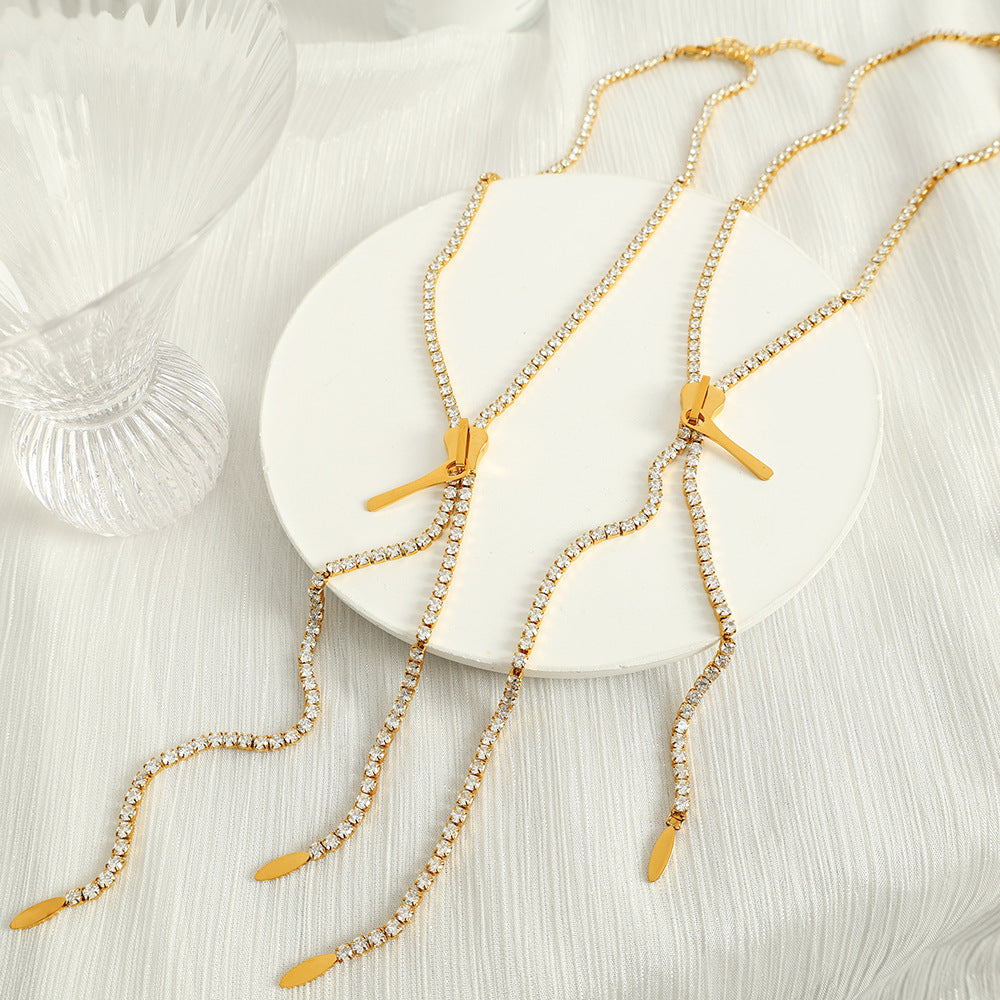 Stylish Zipper Style Gold CZ Anti Tarnish Stainless Steel Necklace Bulk