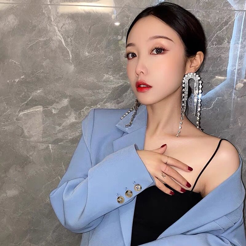 Studded Rhinestone Silver Anti Tarnish Long Tassel Dangler Earring For Women
