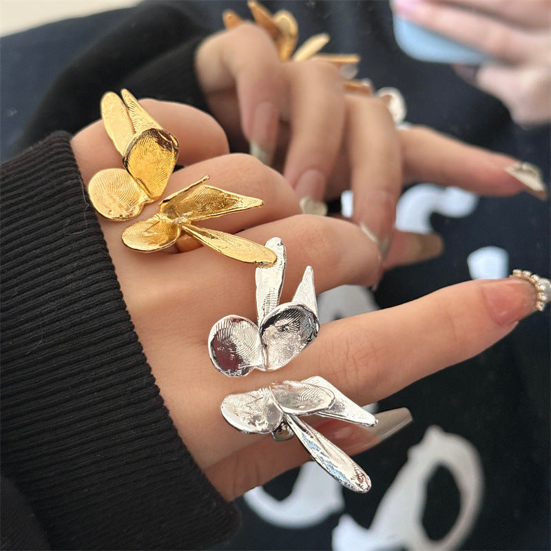 Big Flying Butterfly 18K Gold Silver Adjustable Ring For Women Bulk