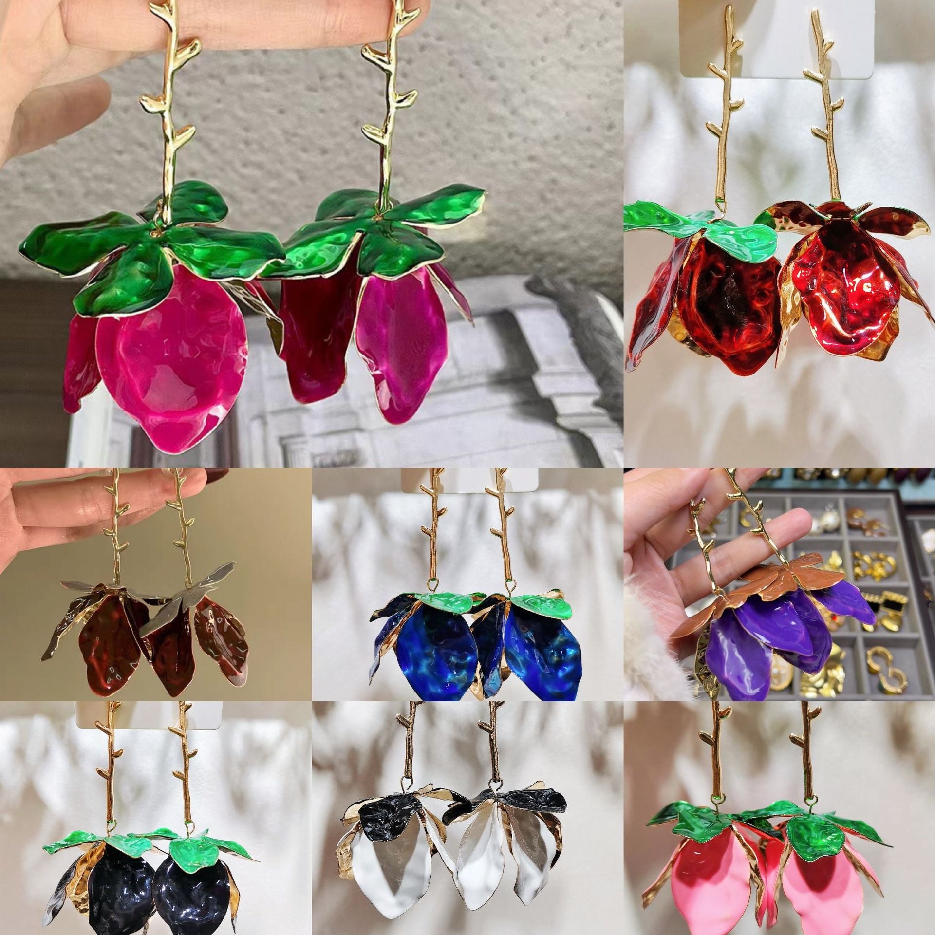 Pink Blue Red White Flower Gold Plated Enamel Dangler Earrings For Women