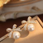 Bow Versatile Gold Silver CZ Pearl Anti Tarnish Stud Earrings Bulk