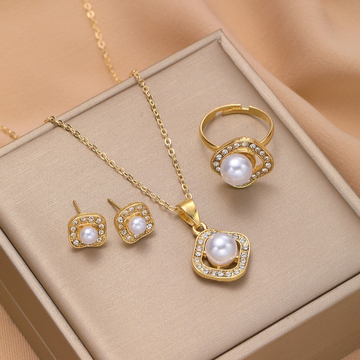 Cushion 18K Gold Pearl CZ Necklace Earring Ring Set Bulk