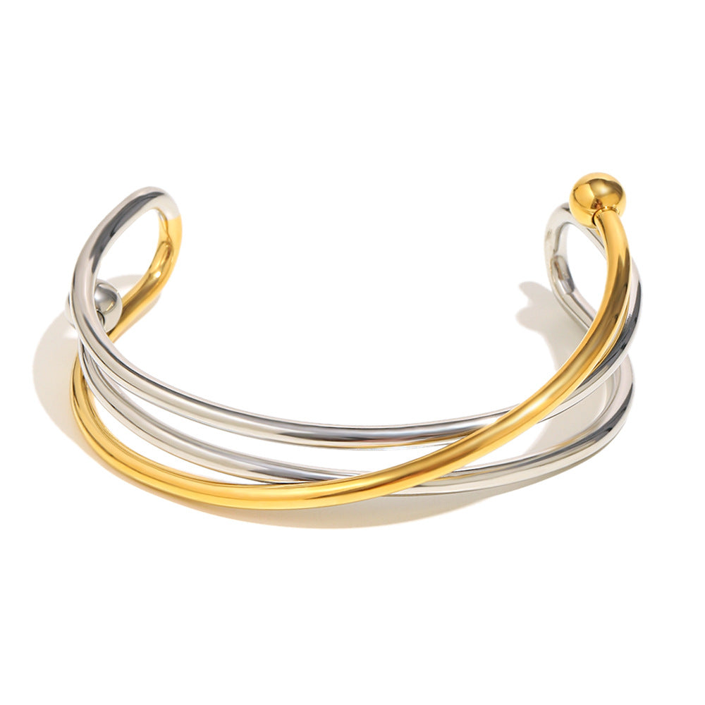 Dual Cross 18K Gold Stainless Steel Anti Tarnish Silver Openable Cuff Kada For Women