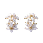Dual Flower Pearl White 18K Gold Stud Earring For Women Bulk