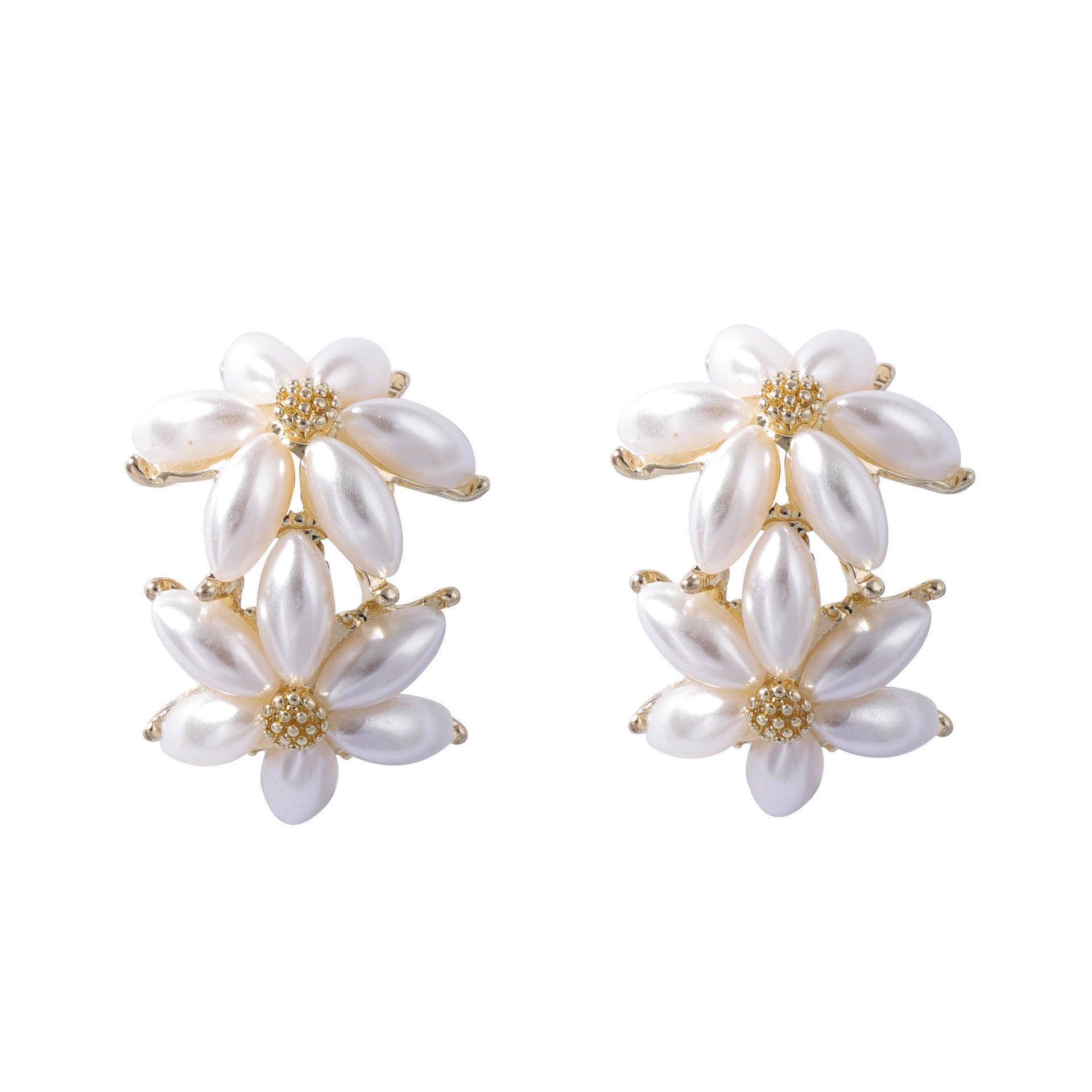 Dual Flower Pearl White 18K Gold Stud Earring For Women Bulk