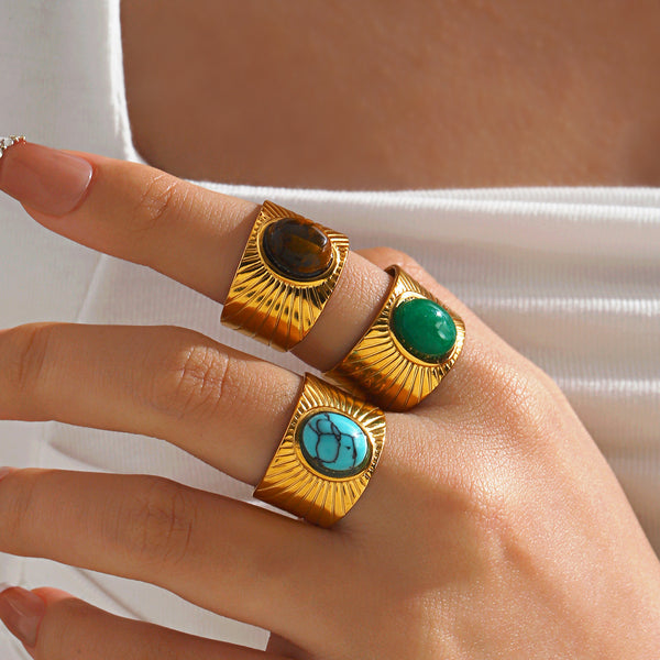 Multi Gemstone 18K Gold Turquoise Tiger Eye Pearl Anti Tarnish Stainless Steel Band Ring For Women Secondary image
