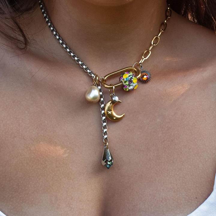 Star Moon Two Tone 18K Gold Silver Black Crystal Charm Stainless Steel Anti Tarnish Necklace Chain For Women