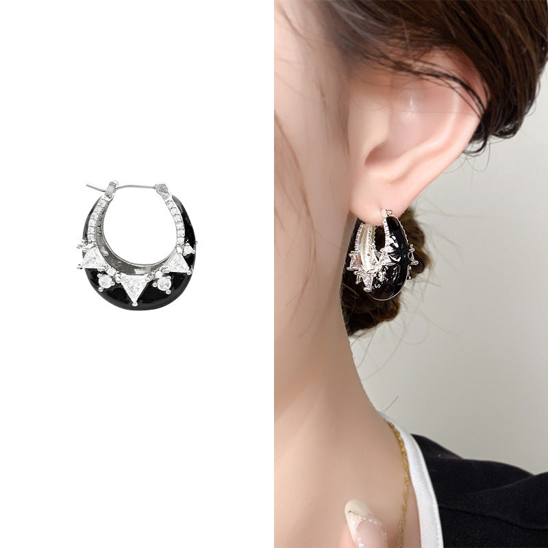 Solitaire Enamel Black 18K Gold Silver Anti Tarnish Hoop Earring Bulk