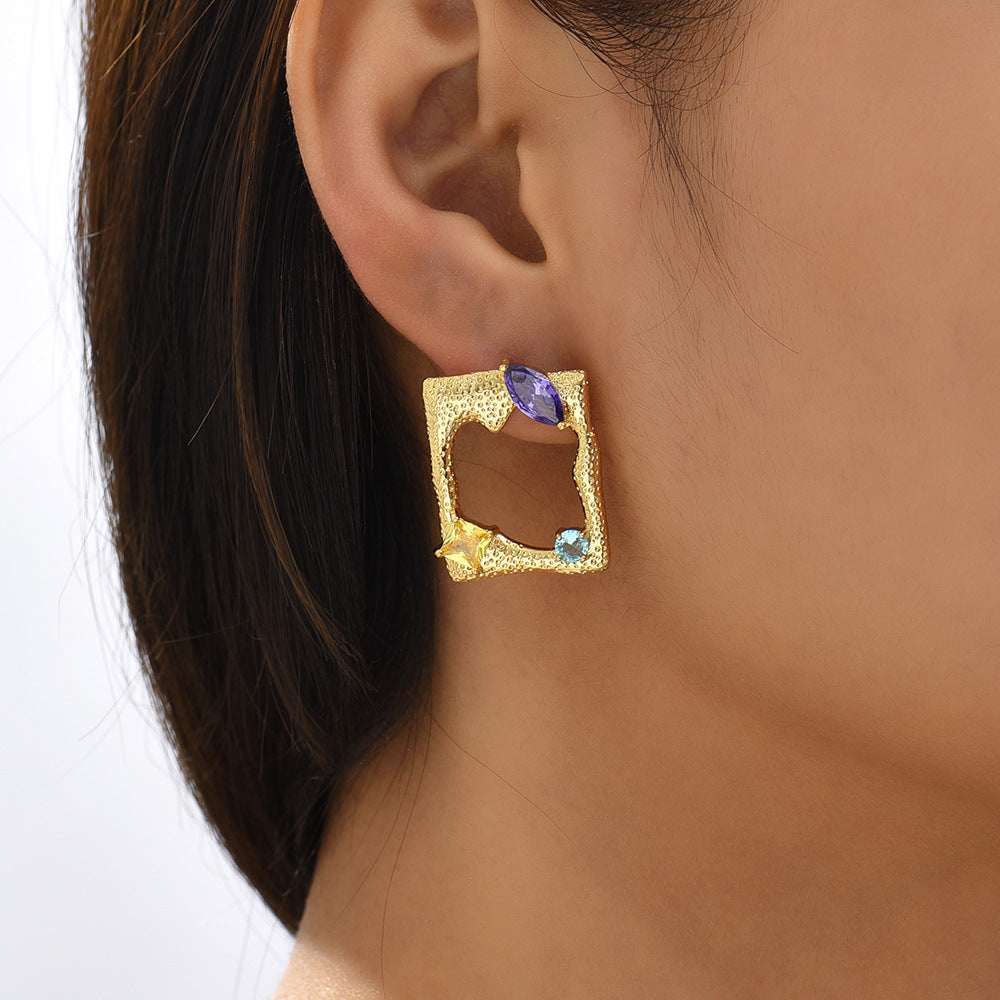 Multi Color Square Shape Gold CZ Stainless Steel Stud Earrings Bulk