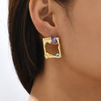 Multi Color Square Shape Gold CZ Stainless Steel Stud Earrings Bulk