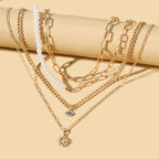 Multi Layer Gold Chain White Pearl Blue Evil Eye Sun Charm Necklace Bulk