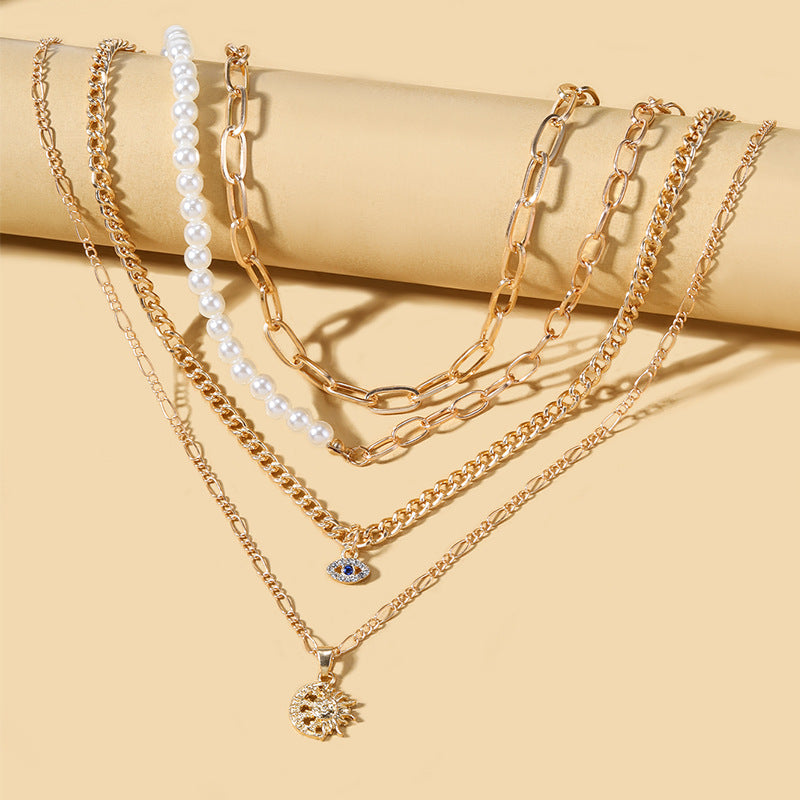 Multi Layer Gold Chain White Pearl Blue Evil Eye Sun Charm Necklace Bulk