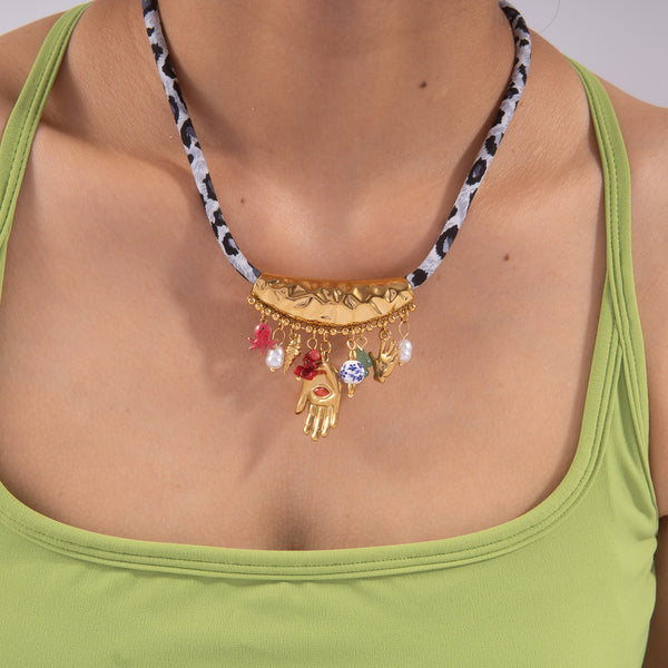 Multicolor Enamel & Faux Pearl Tribal Charm Gold Plated Necklace Bulk Main image