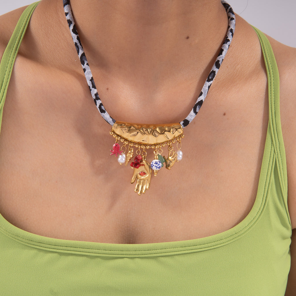 Multicolor Enamel & Faux Pearl Tribal Charm Gold Plated Necklace Bulk