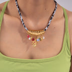 Multicolor Enamel & Faux Pearl Tribal Charm Gold Plated Necklace Bulk