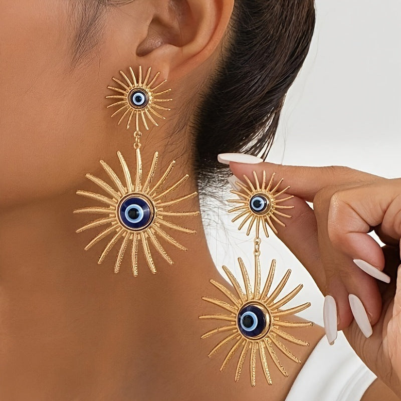 Dual Sun Flower Evil Eye 18K Gold Dangler Earring For Women Bulk