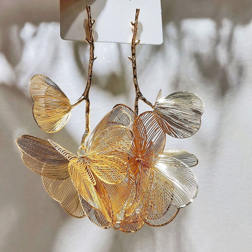 Bulk Gold Leaf Flower Gold Plated Alloy Dangler Earrings For Women