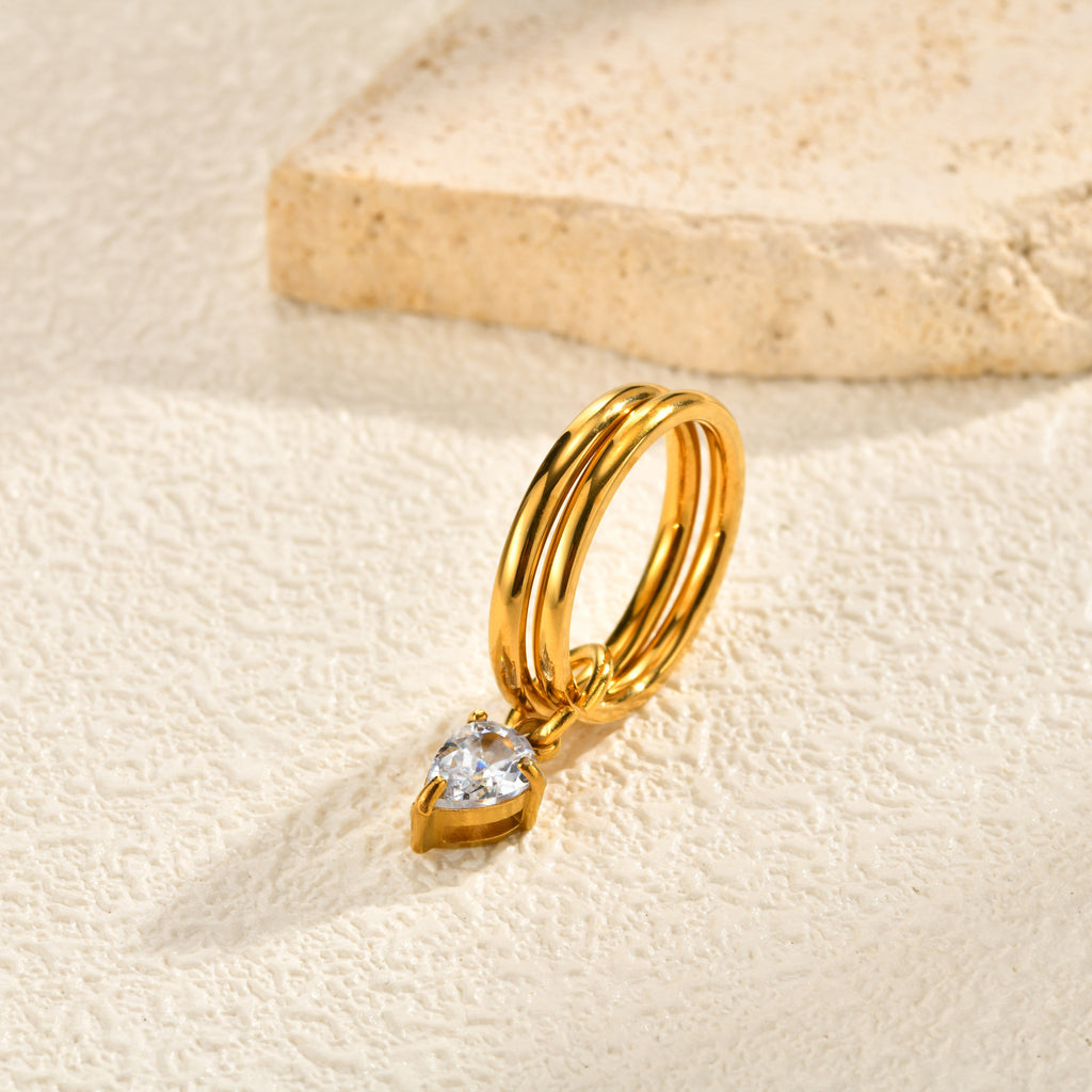 Bulk Double Band Teardrop Shape Gold CZ Stainless Steel Fancy Ring