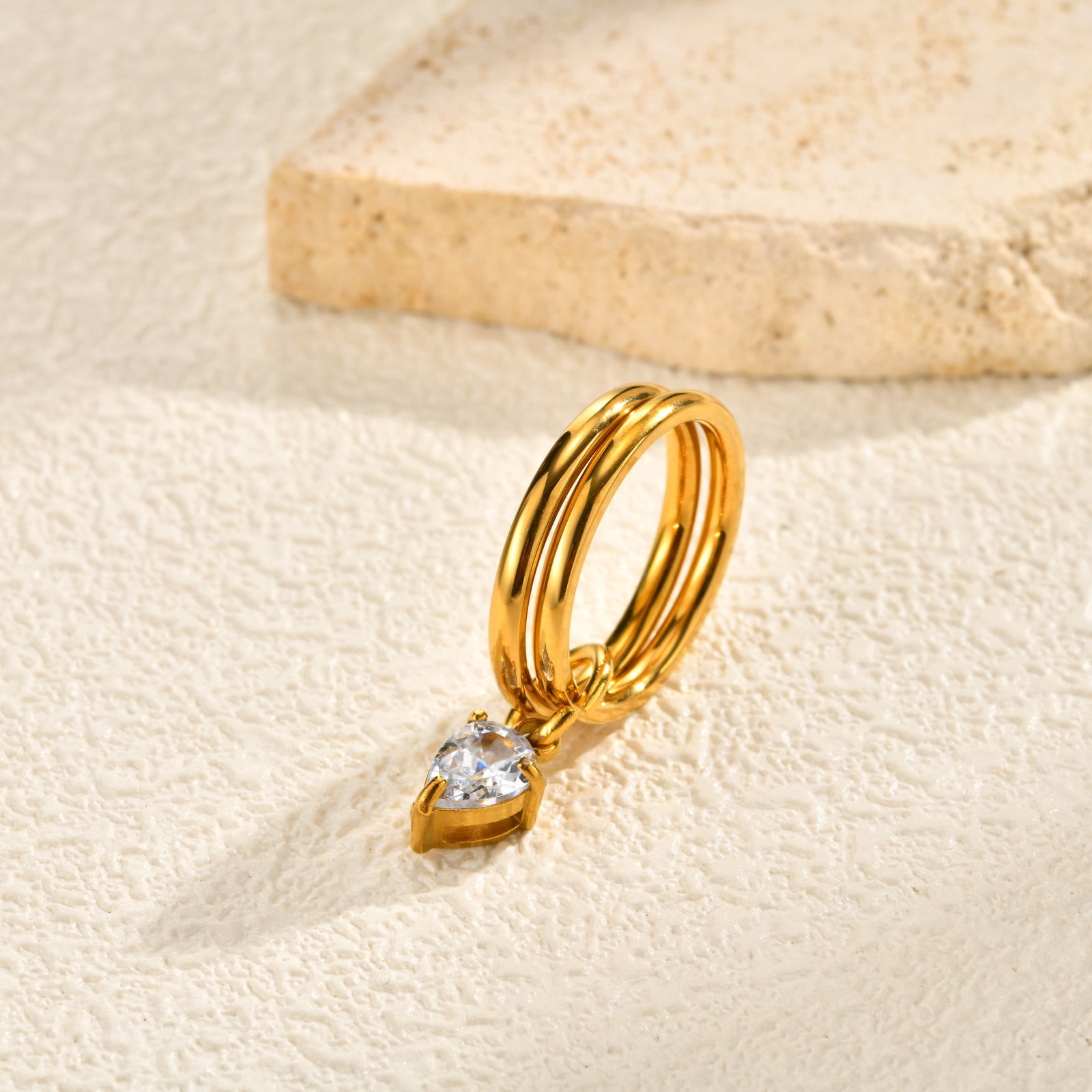 Bulk Double Band Teardrop Shape Gold CZ Stainless Steel Fancy Ring