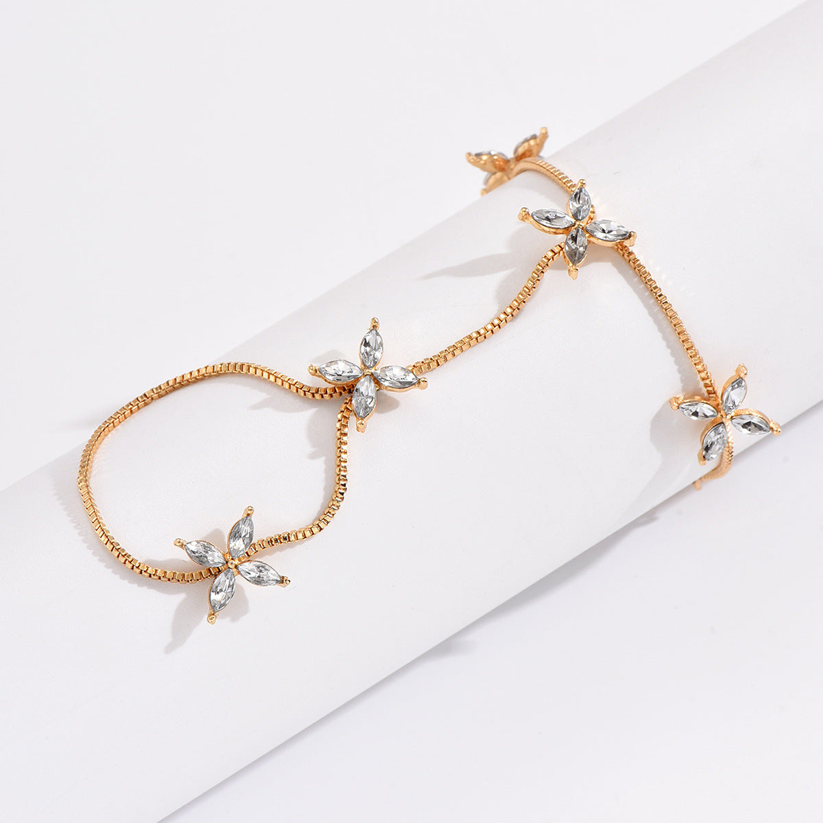 Flower Oval Solitaire Gold Silver Anti Tarnish Box Chain Bracelet Joint Ring For Women