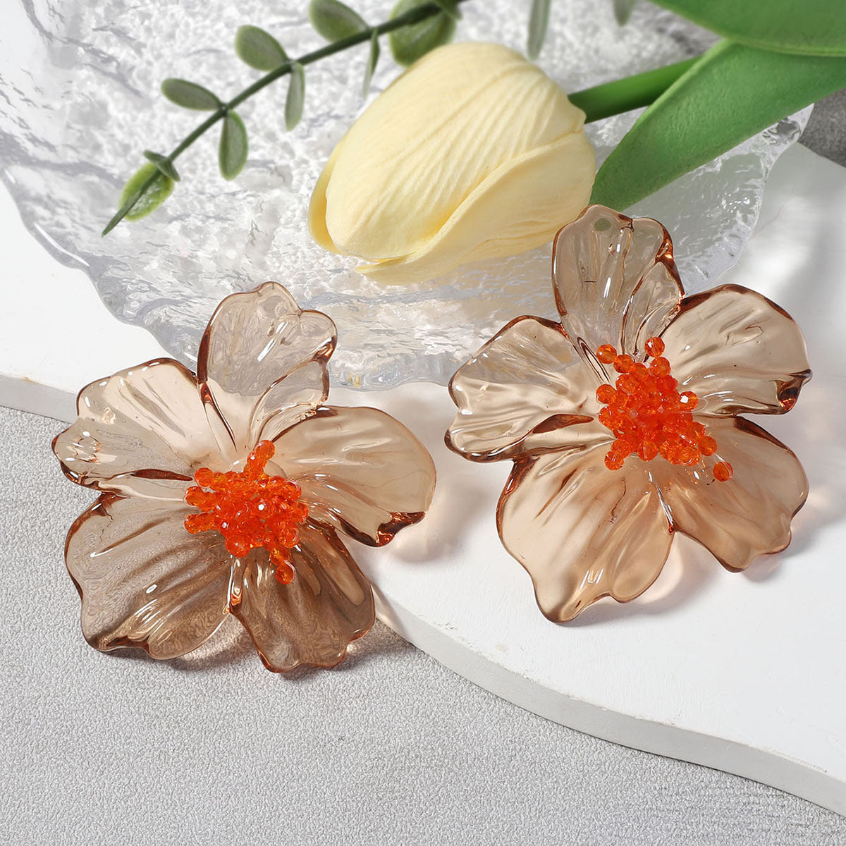Acrylic Transparent Flower Orange Dangler Stud Earring For Women Bulk