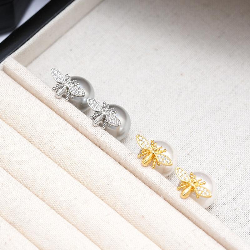 Little Honeybee Pearl Cubic Zirconia Gold Silver Stud Earring Bulk