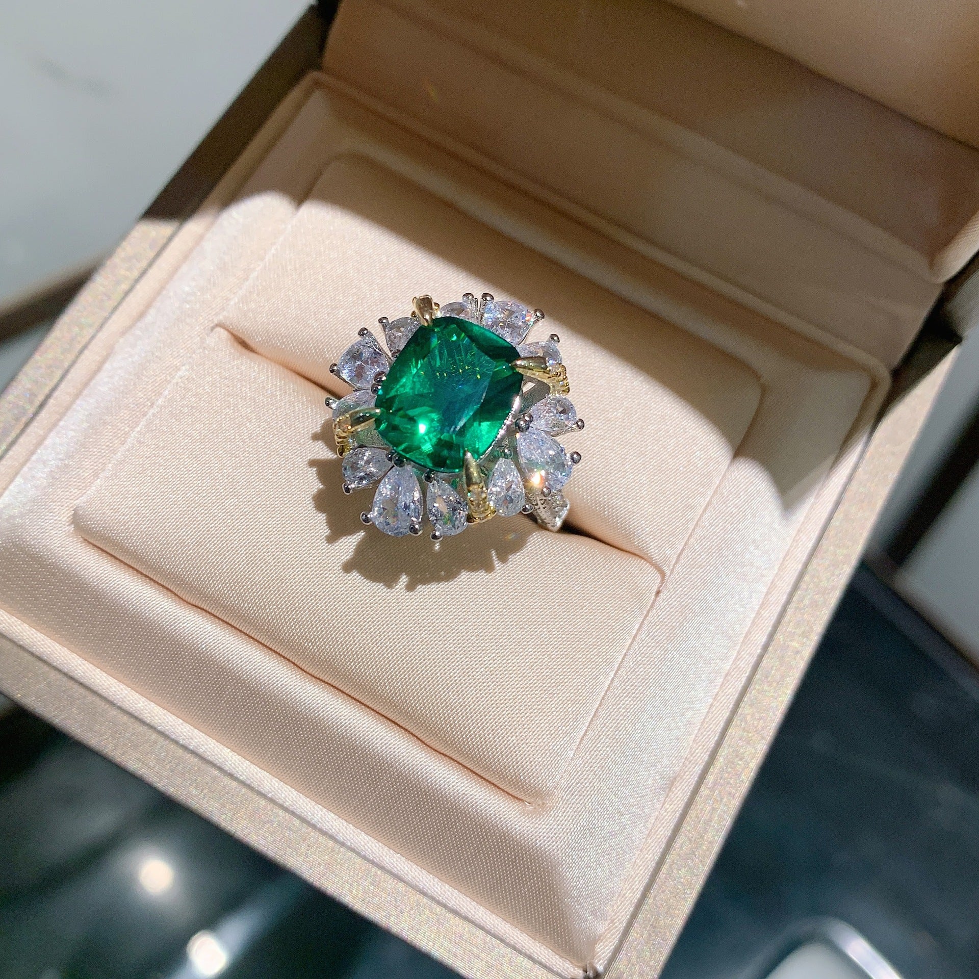 Cushion Drop Green Solitaire Silver Anti Tarnish Free Size Ring Bulk