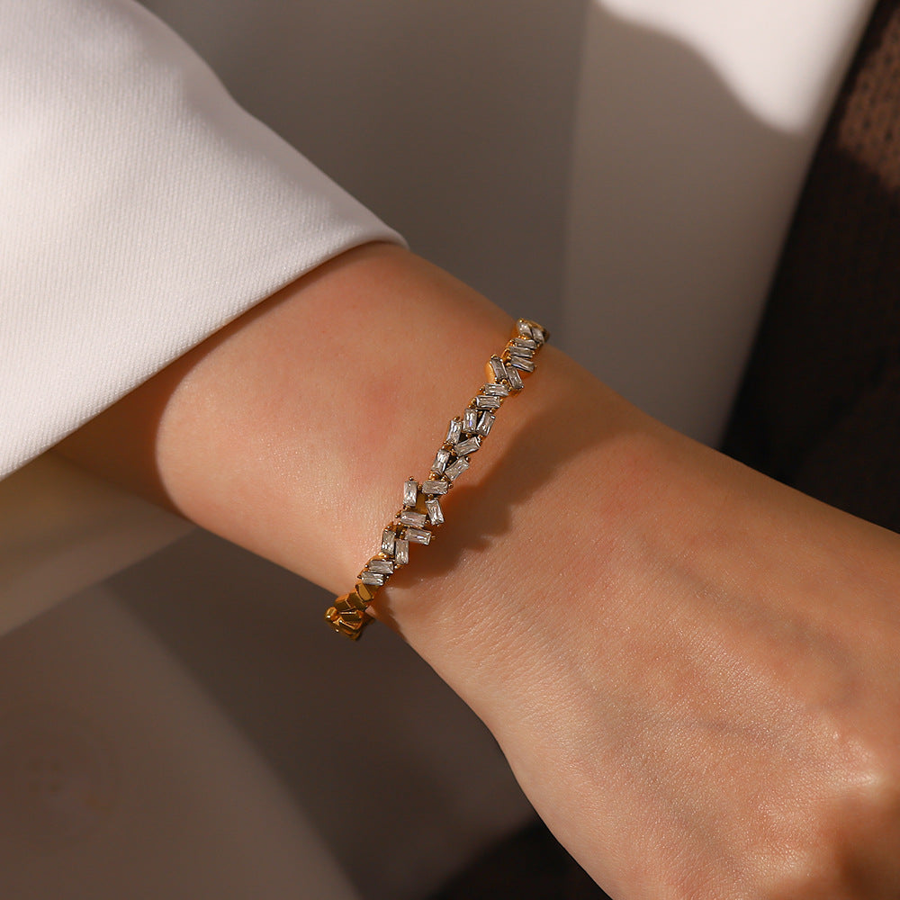 Baguette 18K Gold CZ Stainless Steel Anti Tarnish Cuff Bracelet Bulk