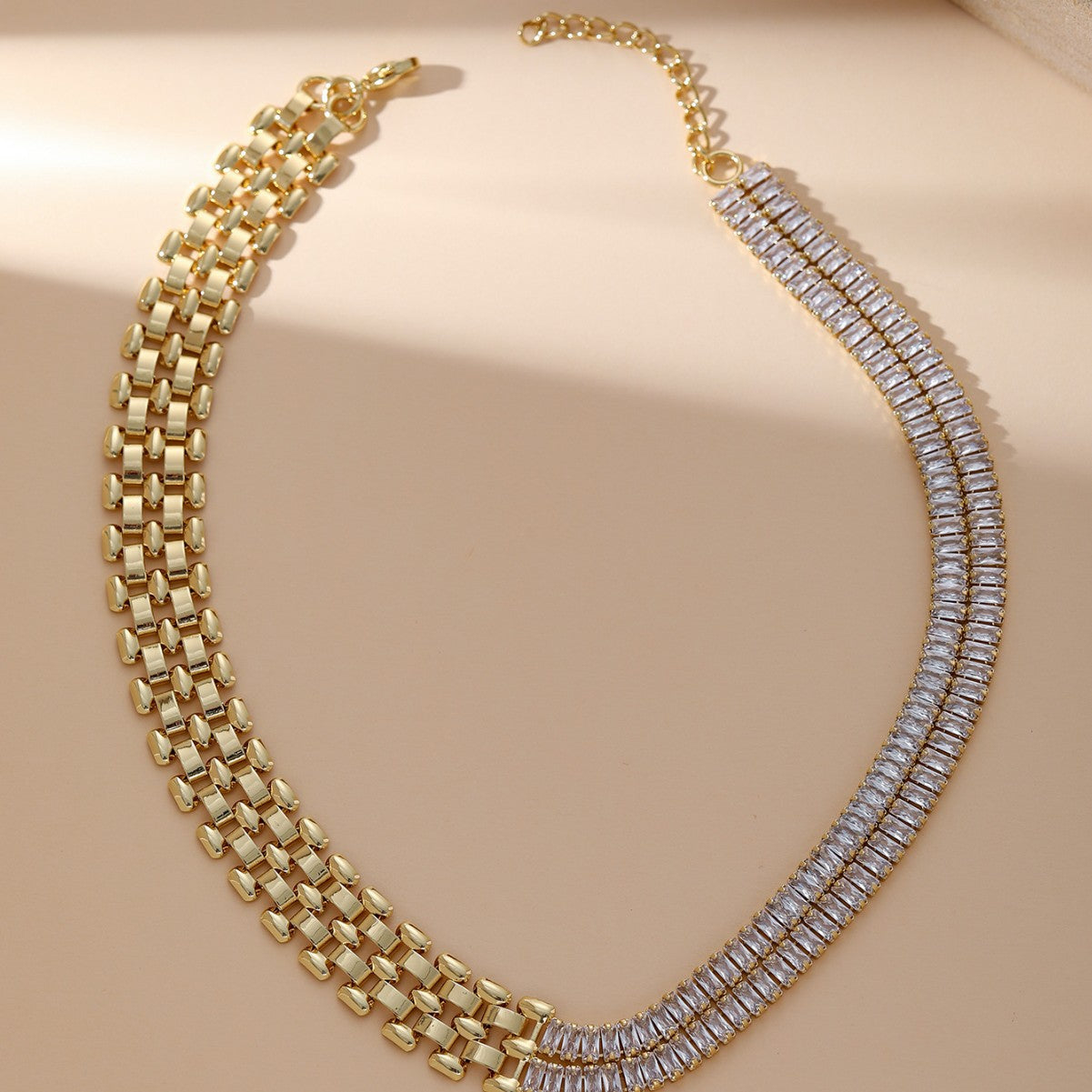 Asymmetric Half Chain Baguette Gold CZ Anti Tarnish Brass Necklace Bulk