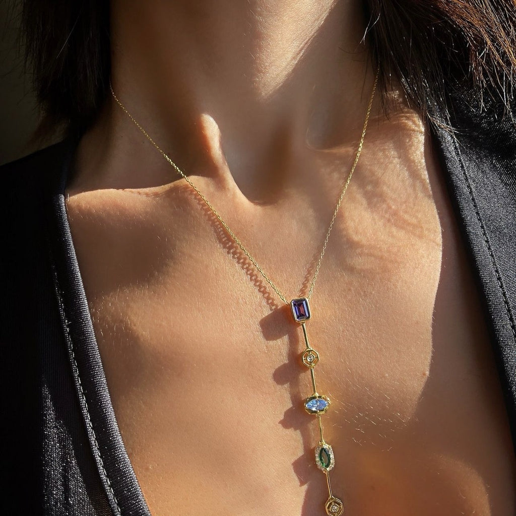 Multi Gemstone Solitaire CZ Gold Anti Tarnish Long Necklace Chain Bulk
