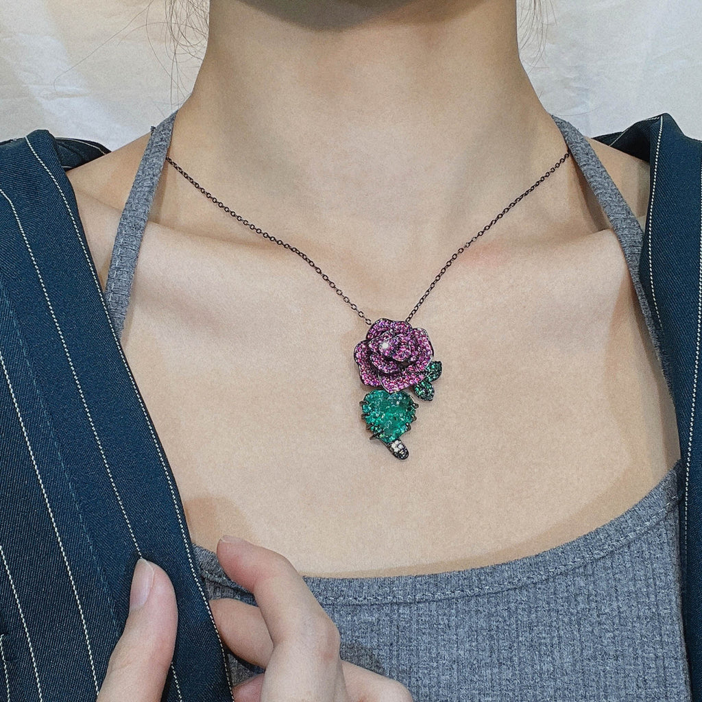 Flower Purple Green Black Anti Tarnish Necklace Chain Earring Set Bulk