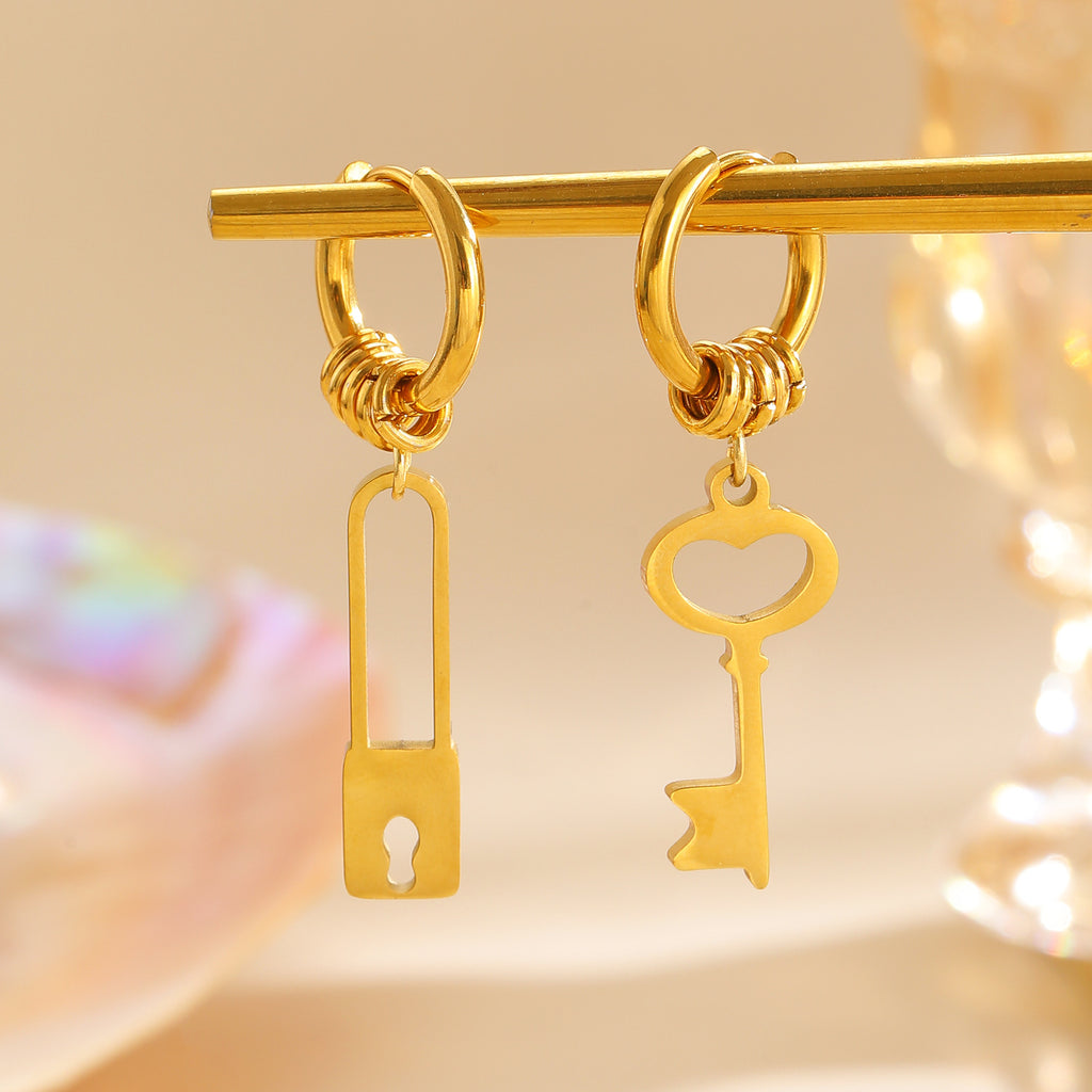 Trendy Lock & Key Charm Gold Silver Plated Alloy Hoop Earrings Bulk