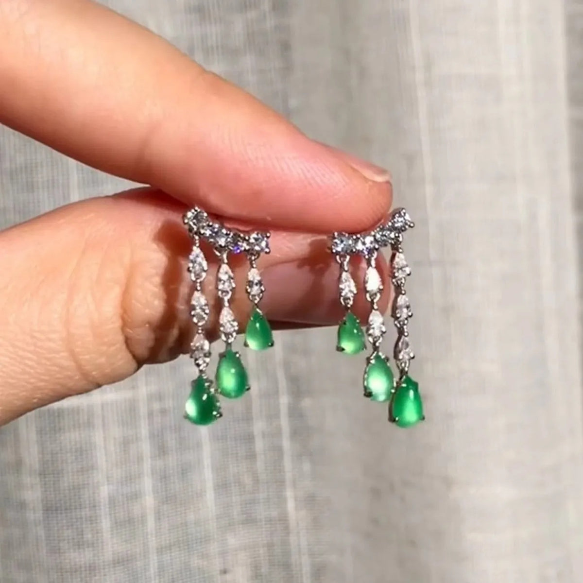 Green Teardrop Silver Cubic Zirconia Copper Dangler Earrings For Women Bulk