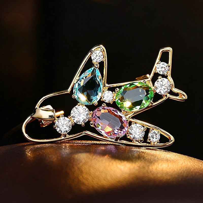 Modern Aircraft Style Gold Plated Multi Color Crystal Copper Brooch Bulk