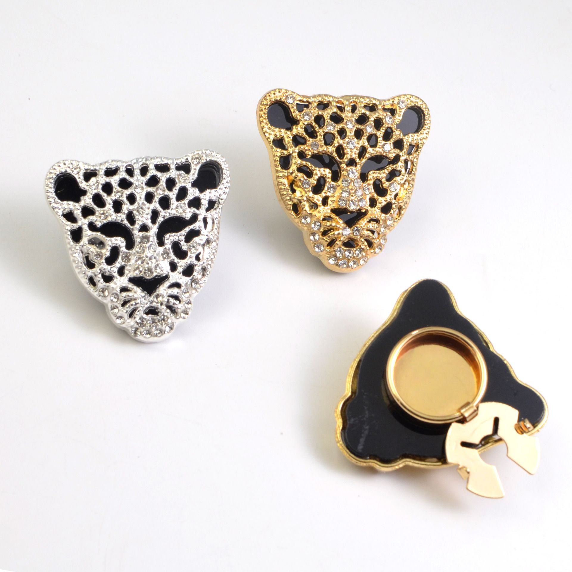 Wholesale Leopard Head Style Gold Silver Rhinestone Brass Button Cover