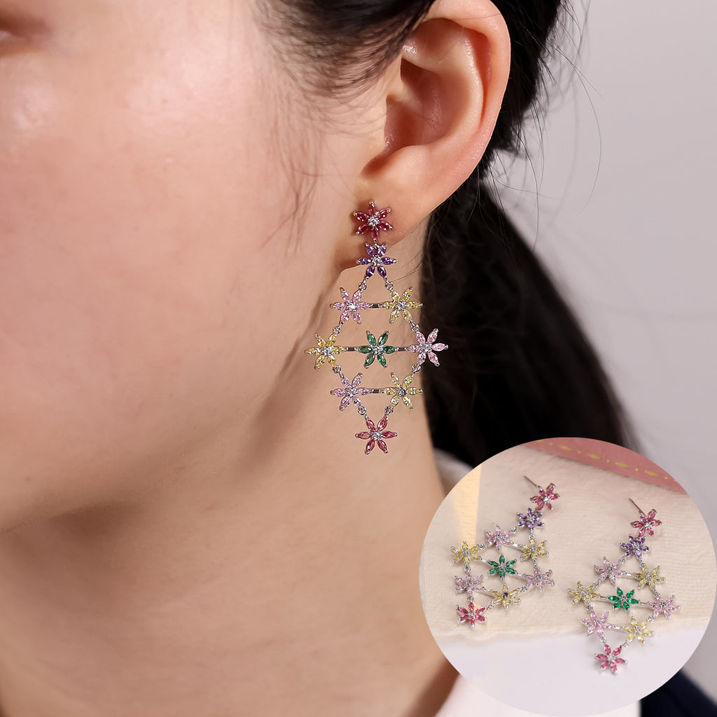 Multi Color Floral Silver CZ Anti Tarnish Copper Dangler Earrings Bulk