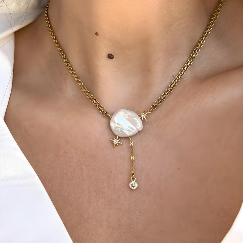 Luxury Pearl & Star Charm Style Gold Anti Tarnish Copper Necklace Bulk