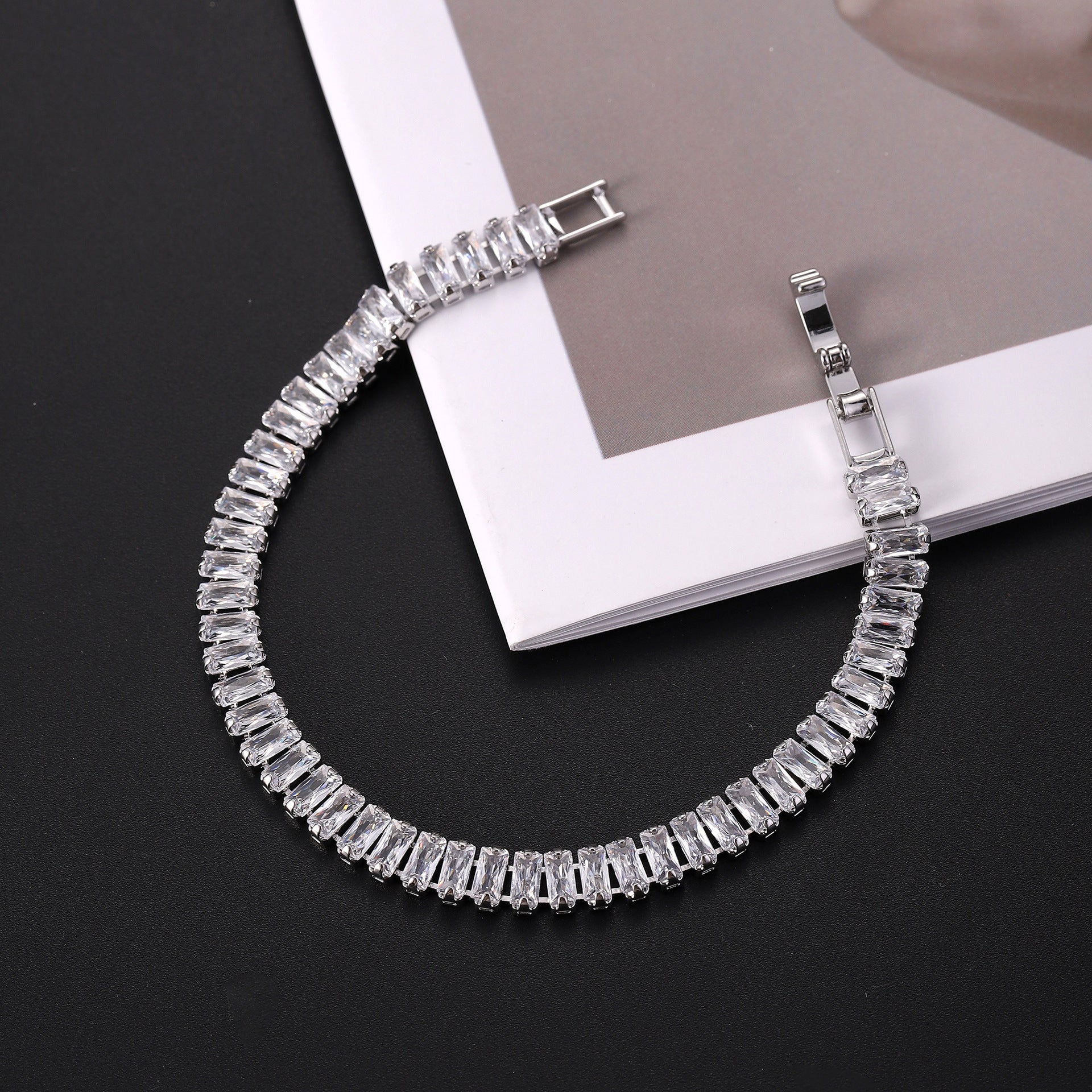 Bulk White Baguette Tennis Style Silver CZ Anti Tarnish Brass Bracelet Main image