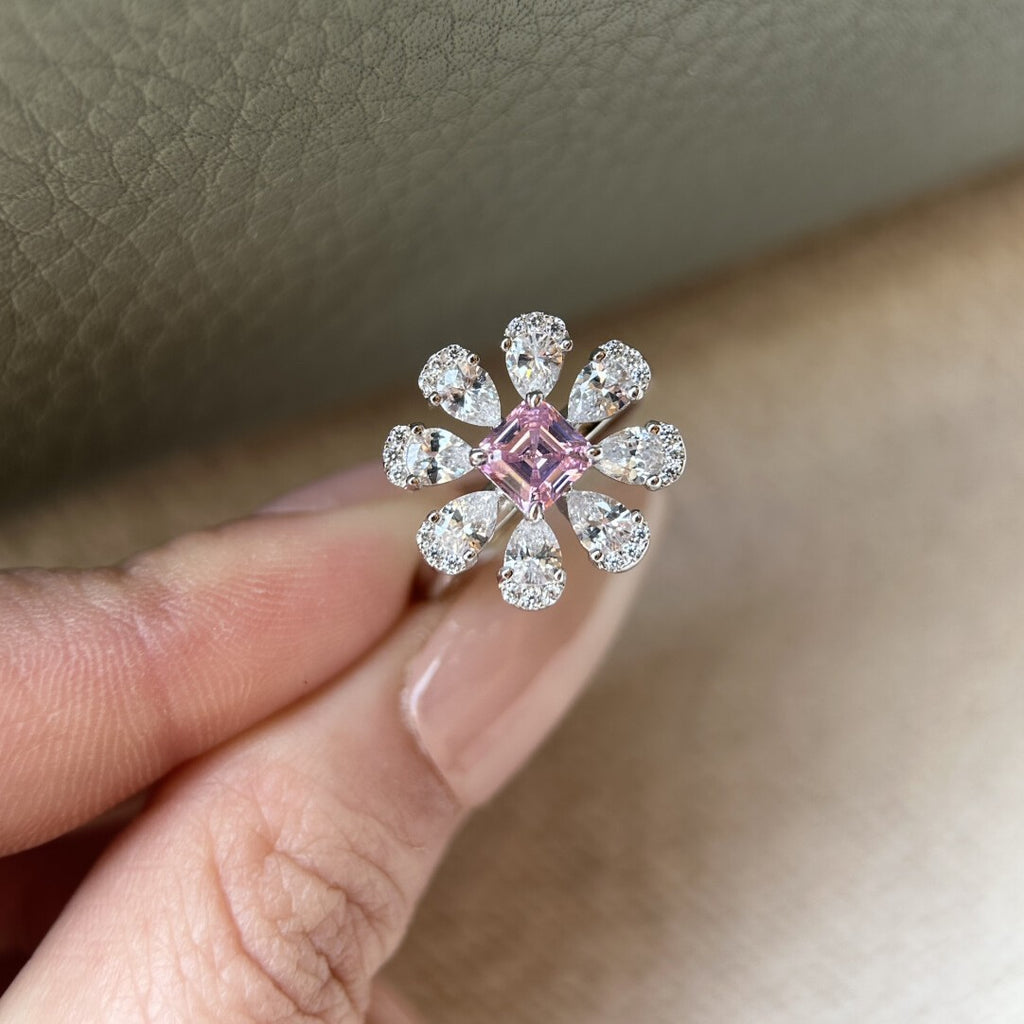 Pink Yellow White Flower Gold Cubic Zirconia Copper Adjustable Ring Bulk