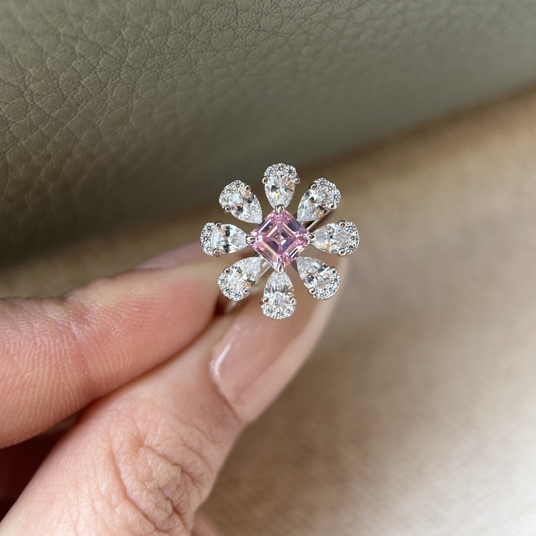 Pink Yellow White Flower Gold Cubic Zirconia Copper Adjustable Ring Bulk