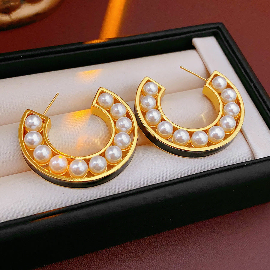 Pearl 18K Gold Black Enamel Anti Tarnish Hoop Earring For Women Bulk Main image