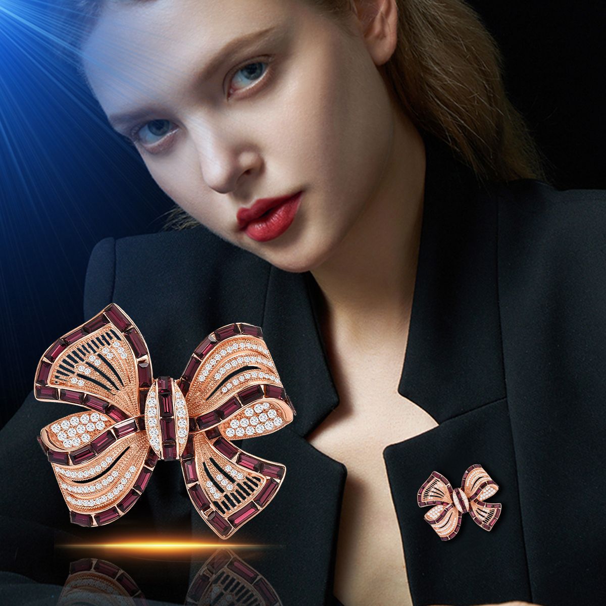 Rose Gold Plated Bow Burgundy Baguette CZ Enamel Copper Brooch Bulk