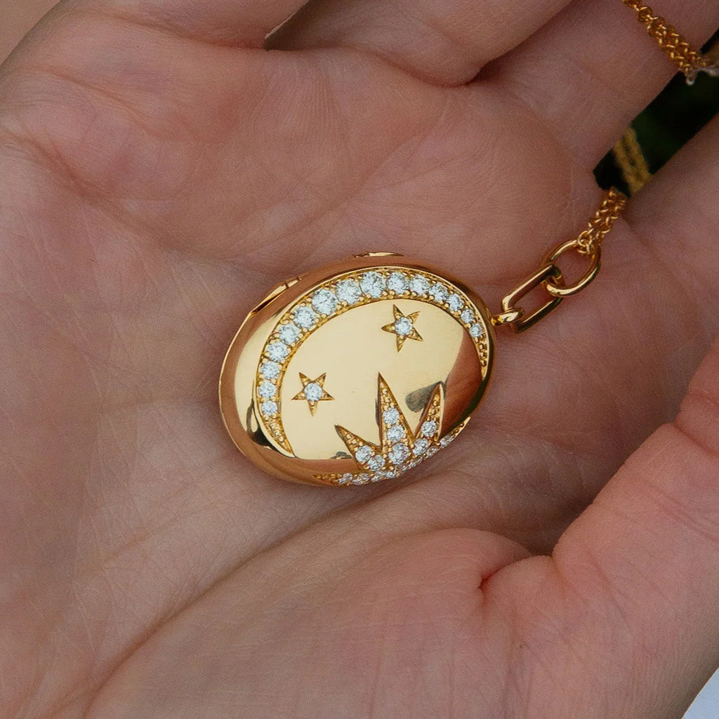 Star Moon Oval Gold CZ Anti Tarnish Photo Pendant Chain Necklace Bulk