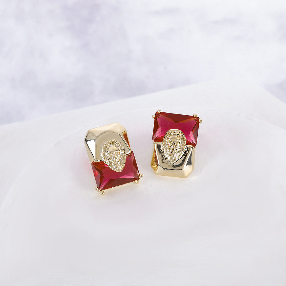 Geometric Lion Head Gold Plated CZ Copper Stud Earrings Wholesale