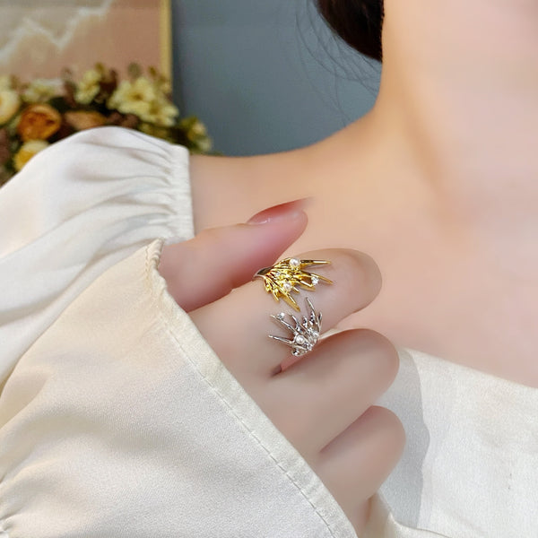 Two Tone Pointy Pearl 18K Gold Silver Adjustable Ring For Women Bulk Secondary image