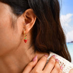 Bulk Red Strawberry Charm Gold Enamel Stainless Steel Hoop Earrings