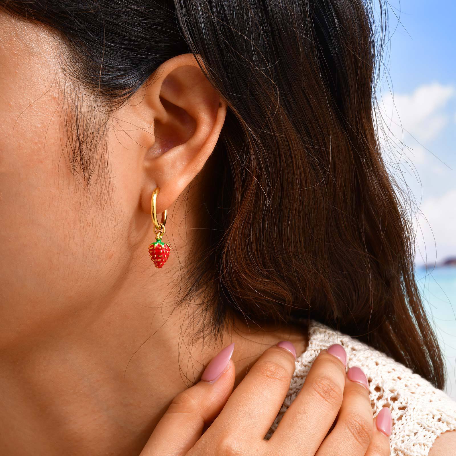 Bulk Red Strawberry Charm Gold Enamel Stainless Steel Hoop Earrings