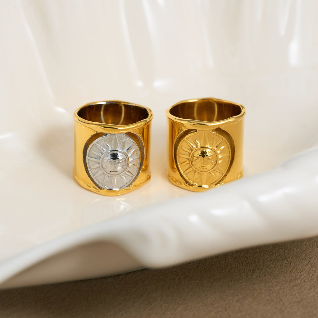Sun 18K Gold Silver Stainless Steel Anti Tarnish Band Ring Women Bulk